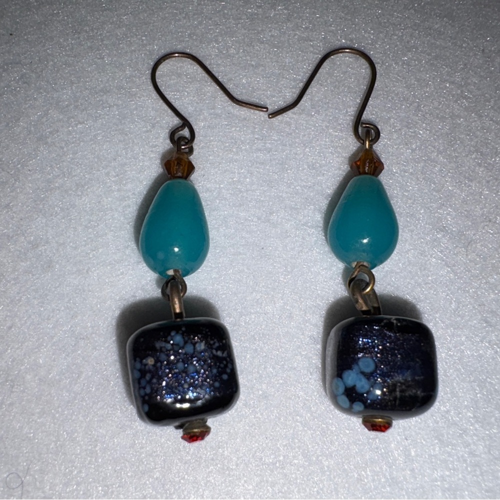Chico's Pierced Dangle Earrings Multi Color Blue Black Beads Fishhook Backs